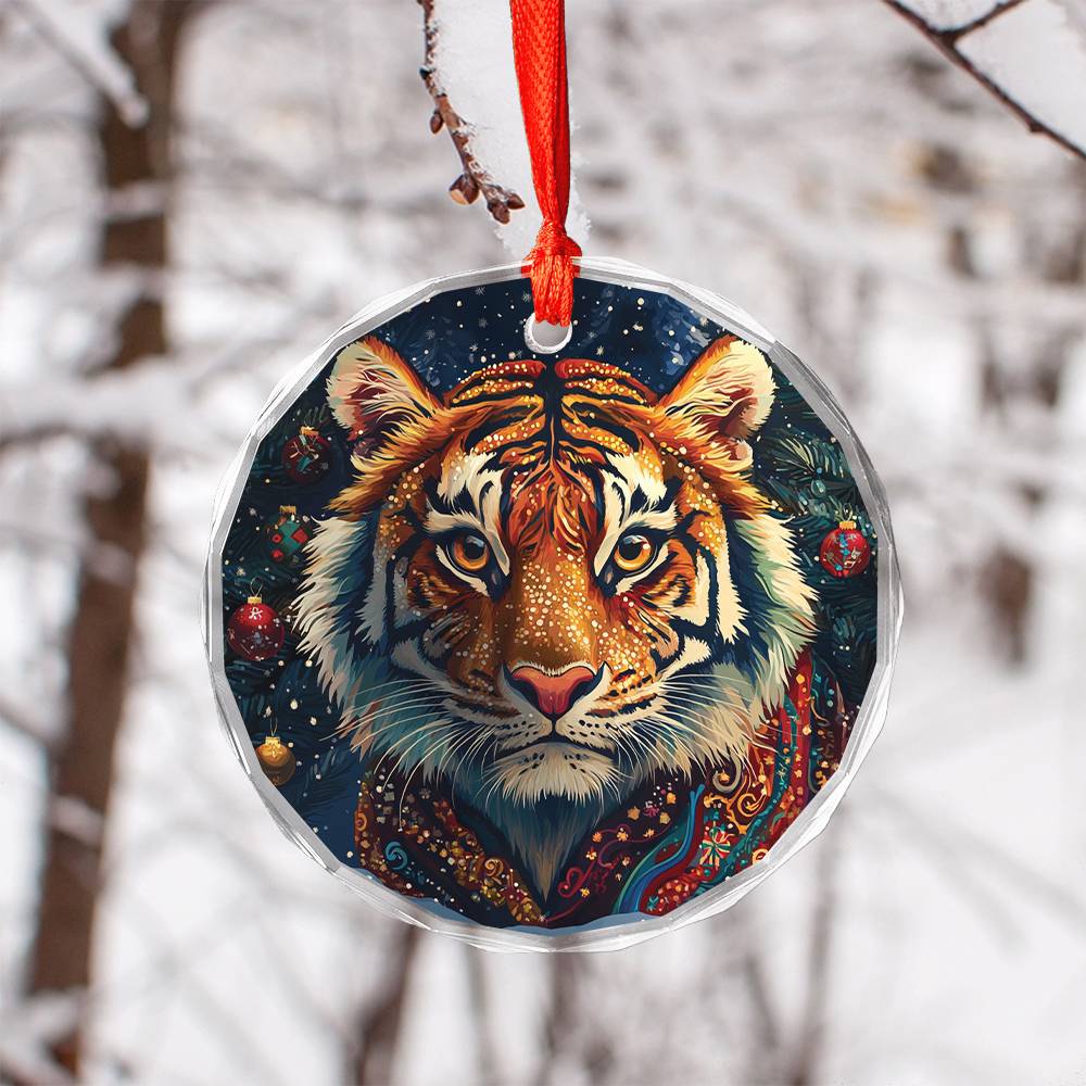 Beautiful Tiger Christmas Night Design 1 Glass Ornament