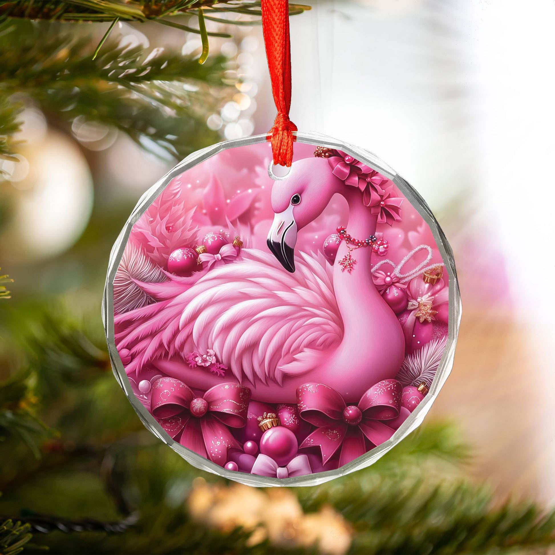 Flamingo Pink Christmas Design 3 Glass Ornament