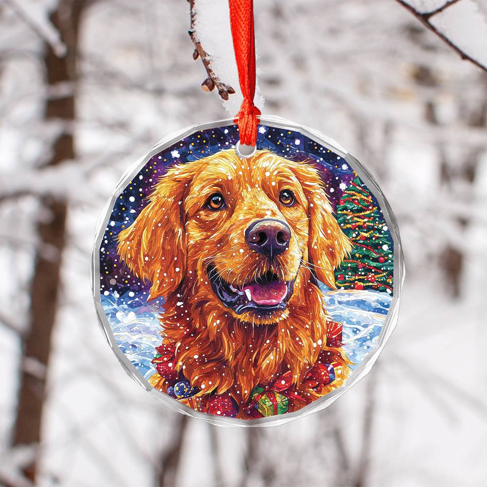 Beautiful Golden Retriever Dog Christmas Night Design 4 Glass Ornament