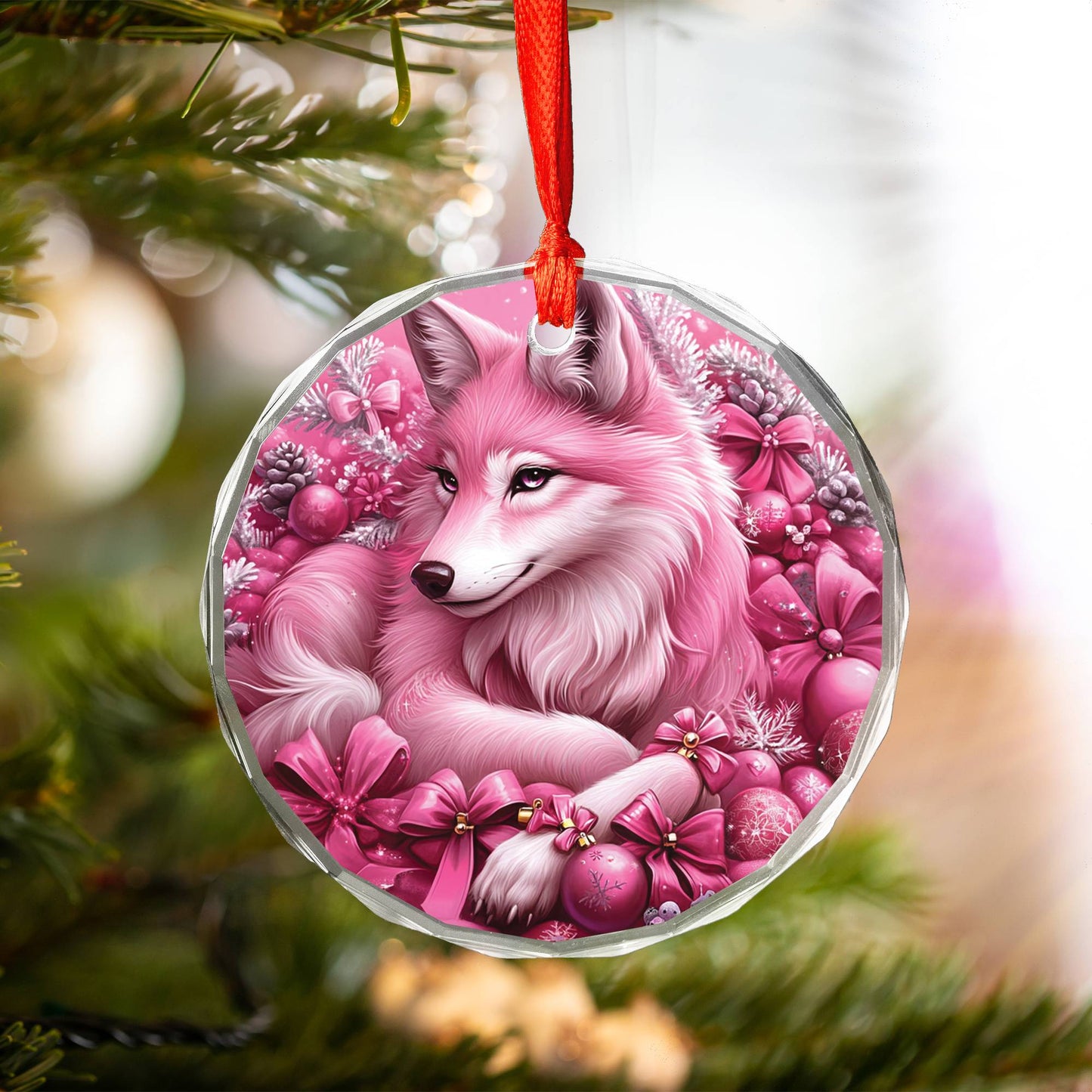 Wolf Pink Christmas Design 2 Glass Ornament