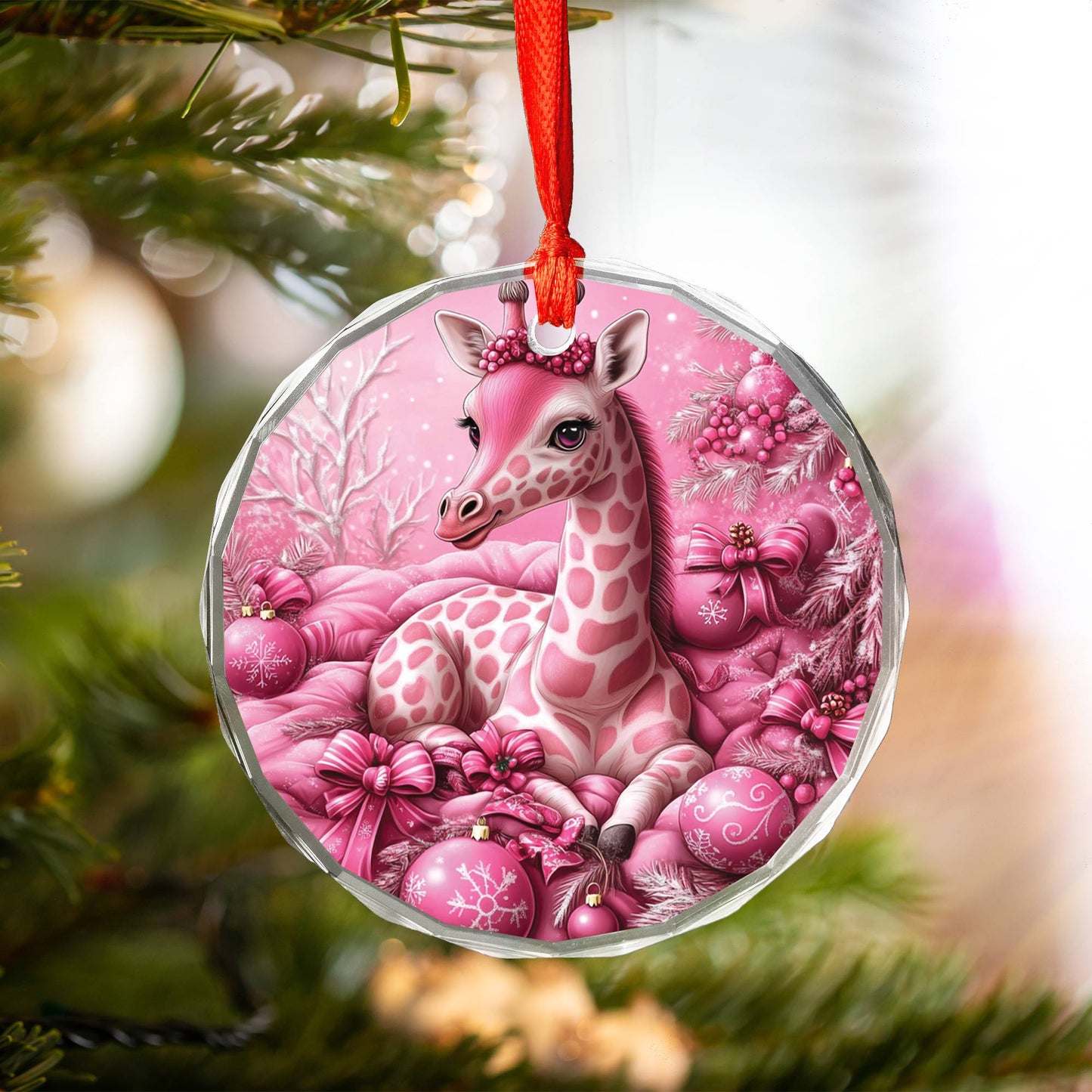 Giraffe Pink Christmas Design 2 Glass Ornament