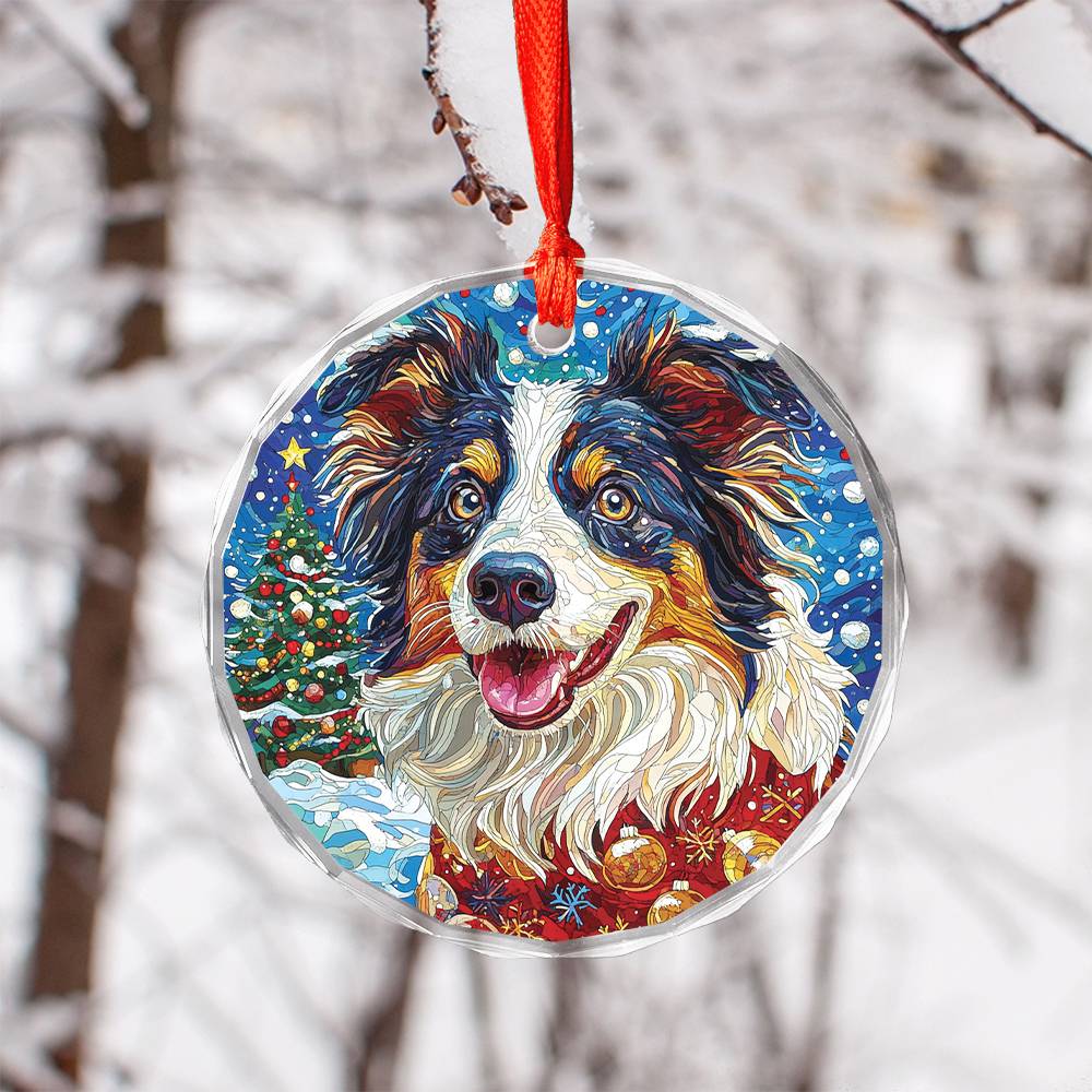 Beautiful Border Collie Dog Christmas Night Design 3 Glass Ornament