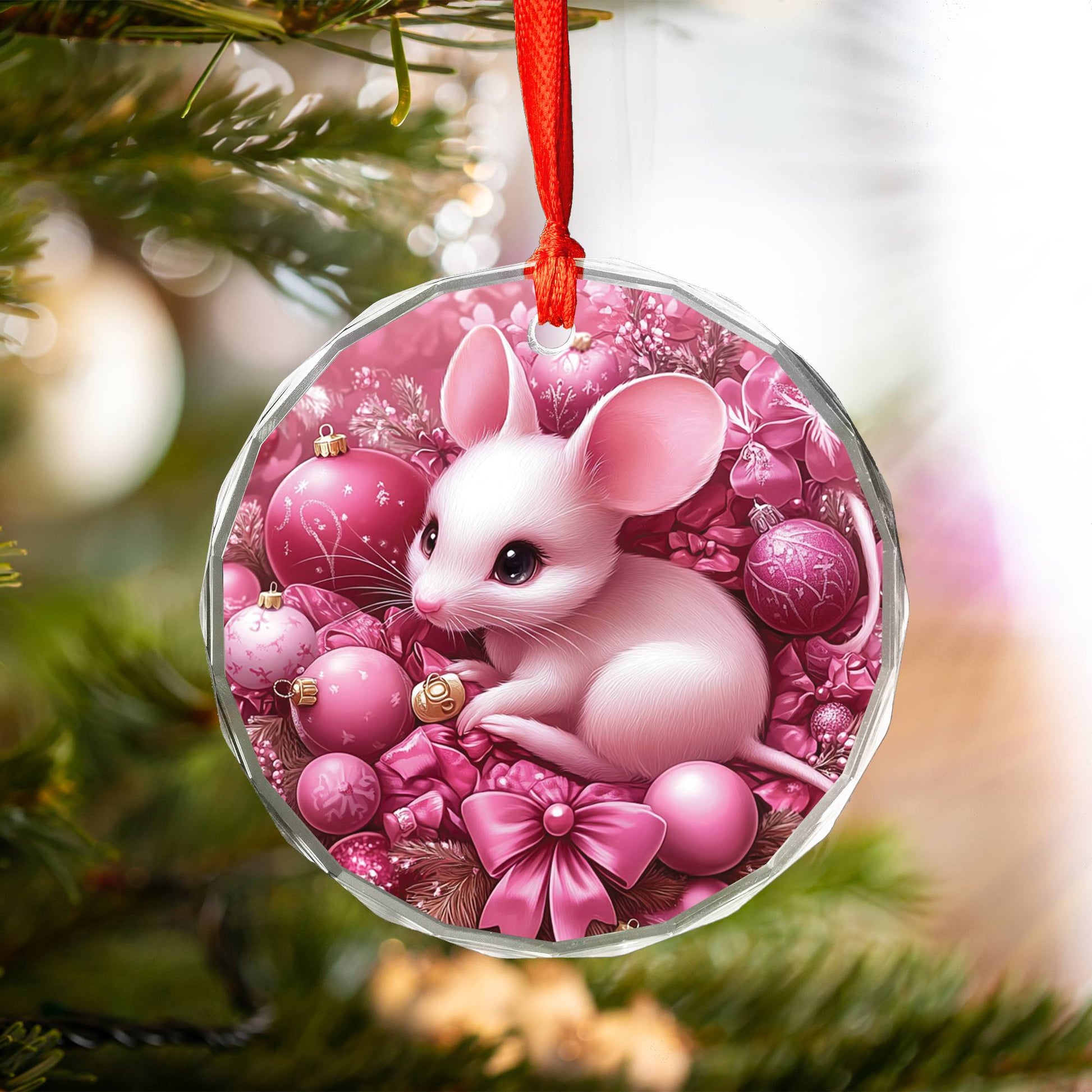 Mice Pink Christmas Design 2 Glass Ornament
