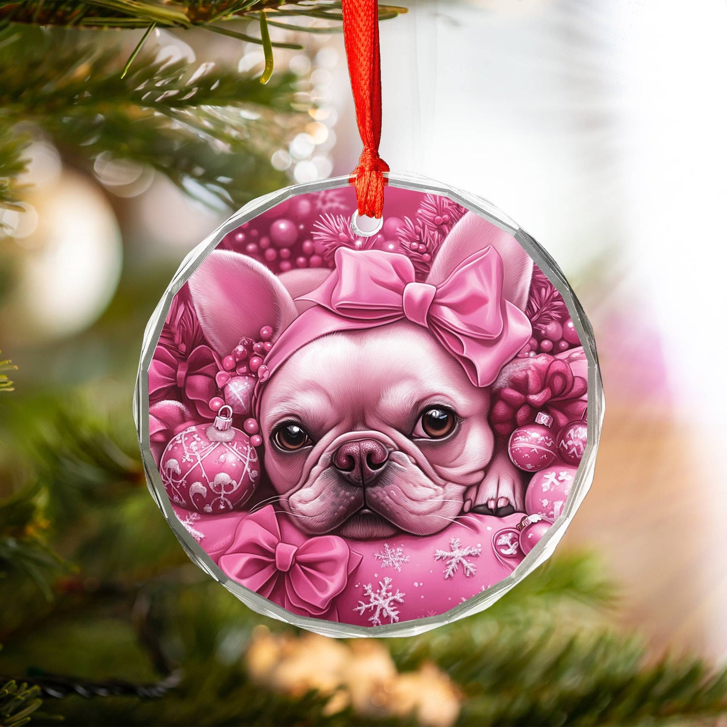 French Bulldog Pink Christmas Design 4 Glass Ornament