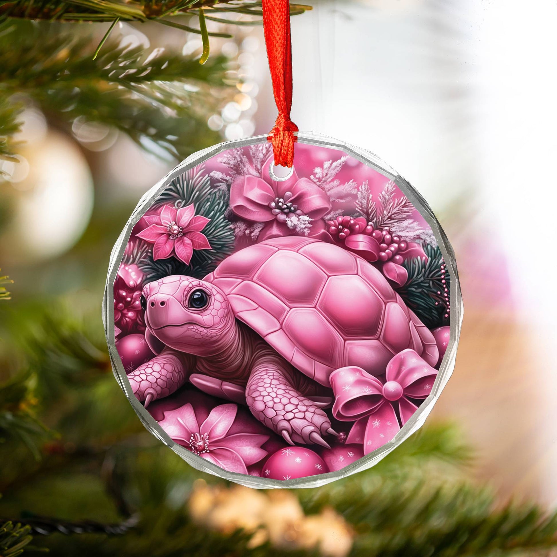 Tortoise Pink Christmas Design 1 Glass Ornament