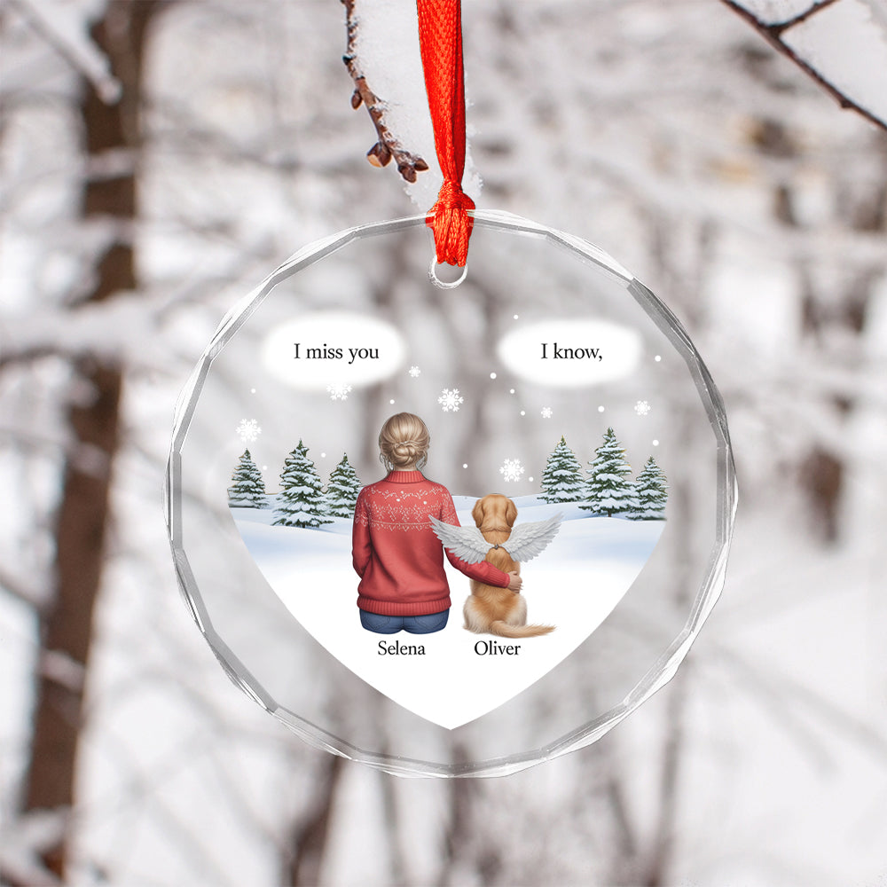 I Miss You Memorial Dog Cat - Personalized Heart Shaped Glass Ornament