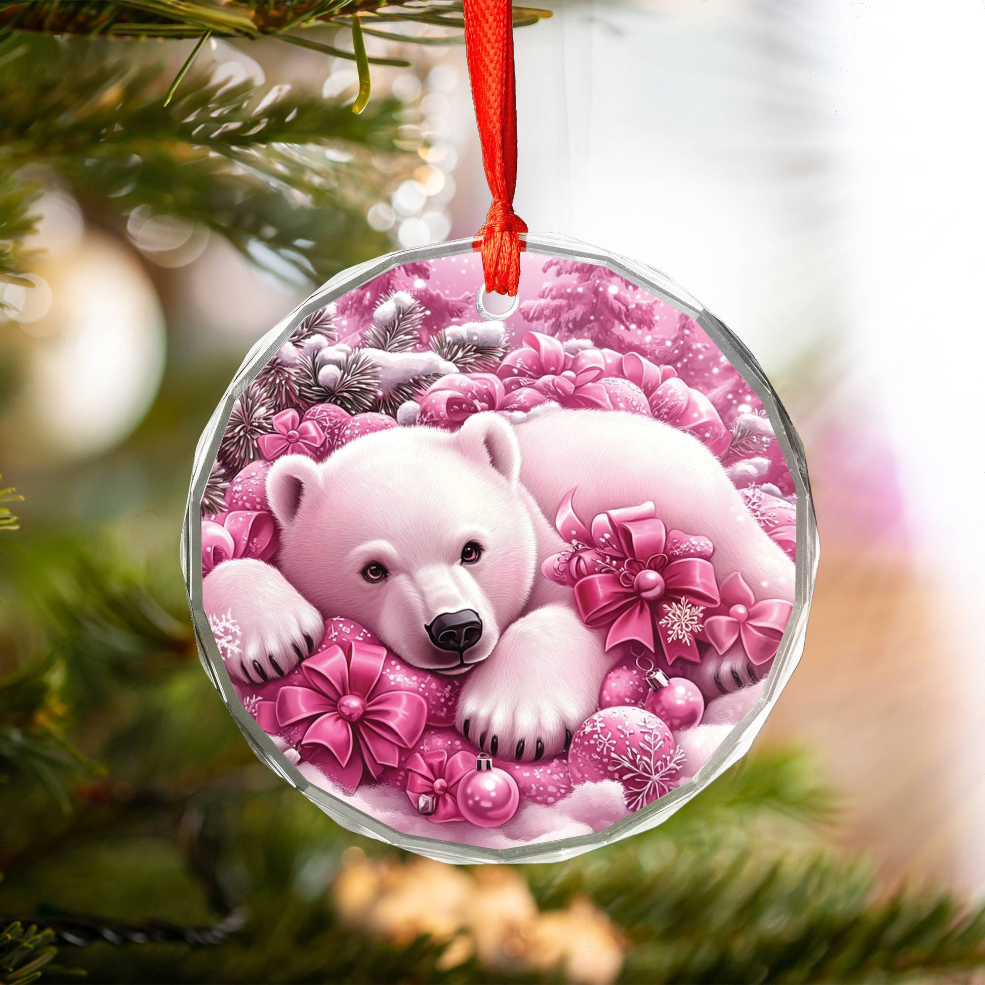 Pola Bear Pink Christmas Design 2 Glass Ornament