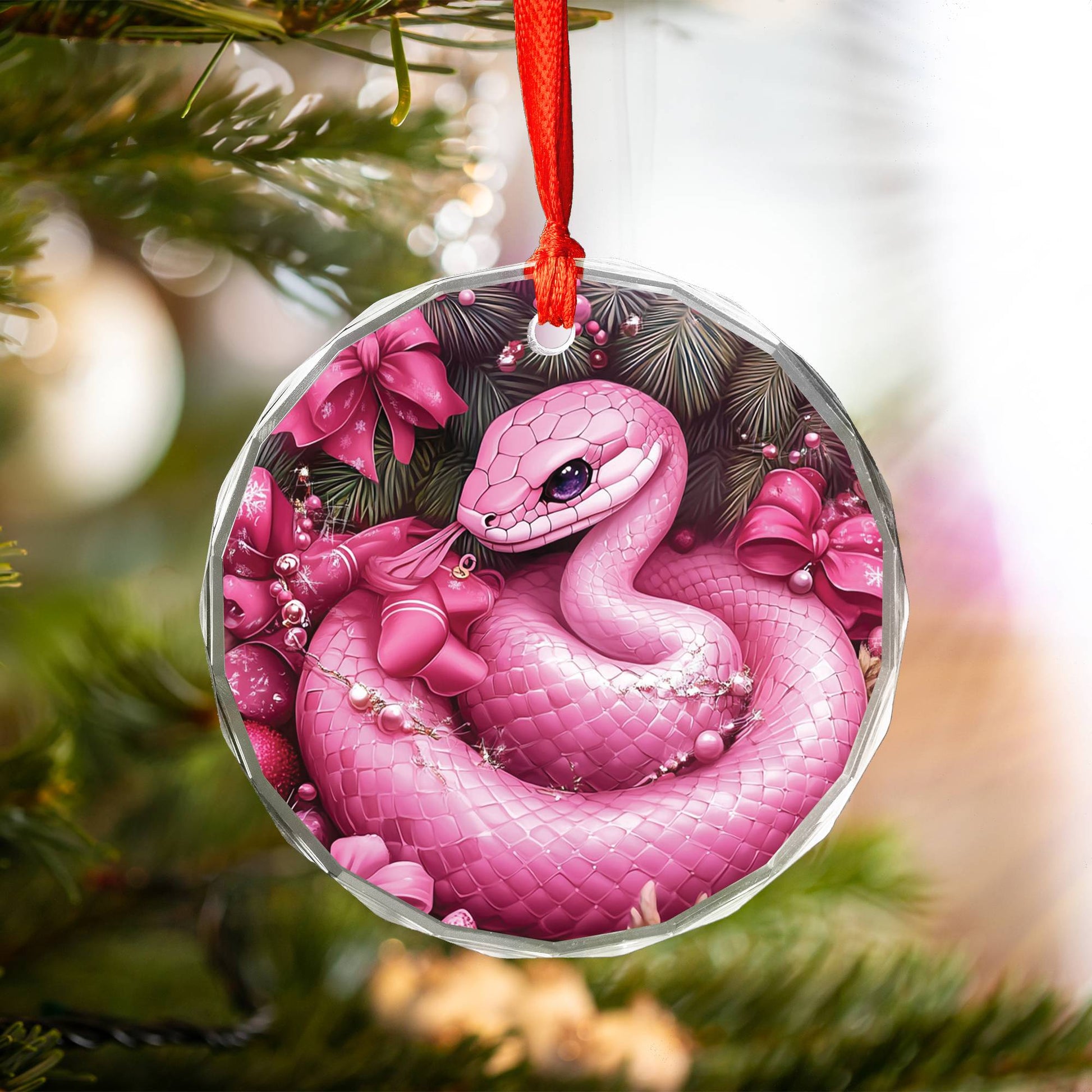Snake Pink Christmas Design 2 Glass Ornament