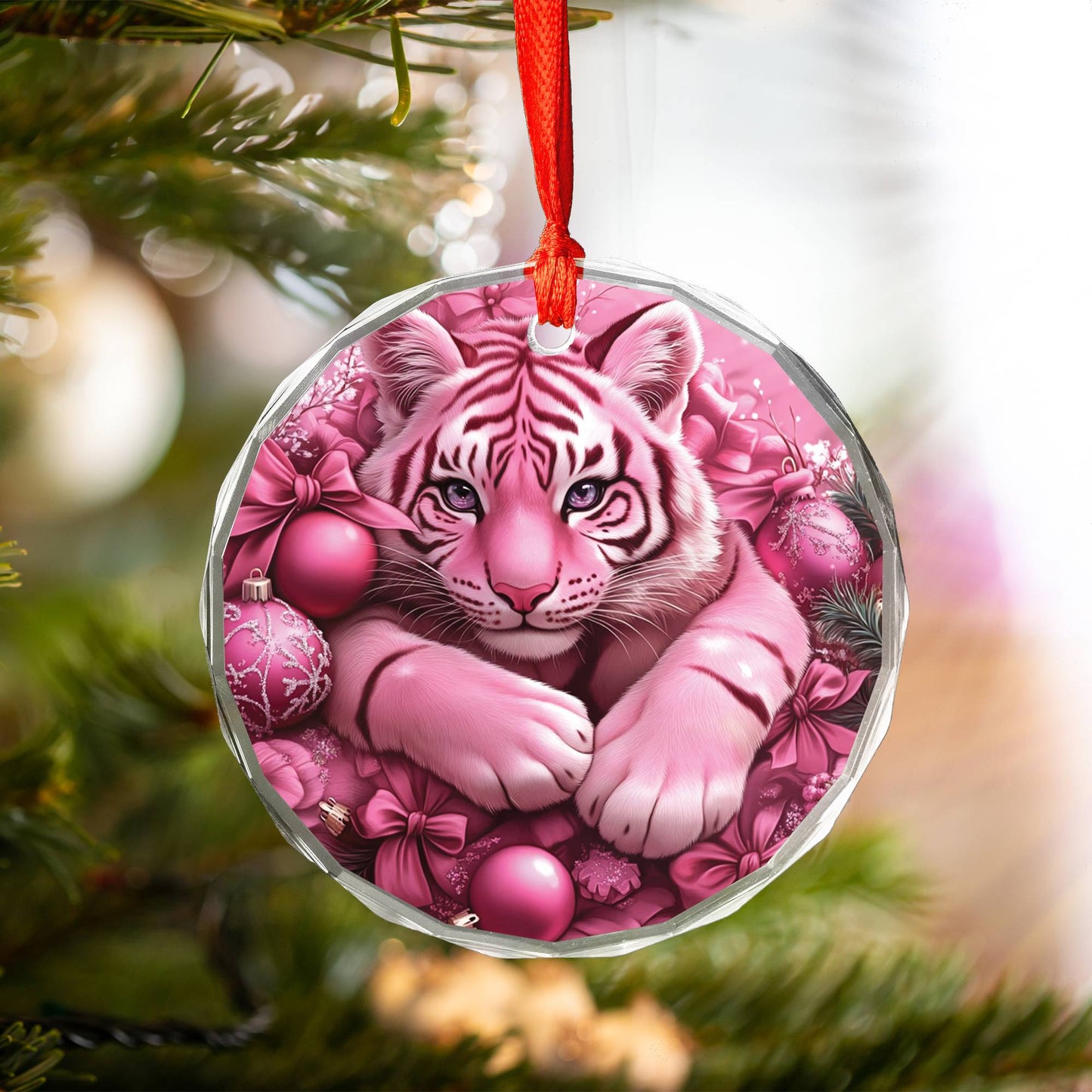 Tiger Pink Christmas Design 3 Glass Ornament