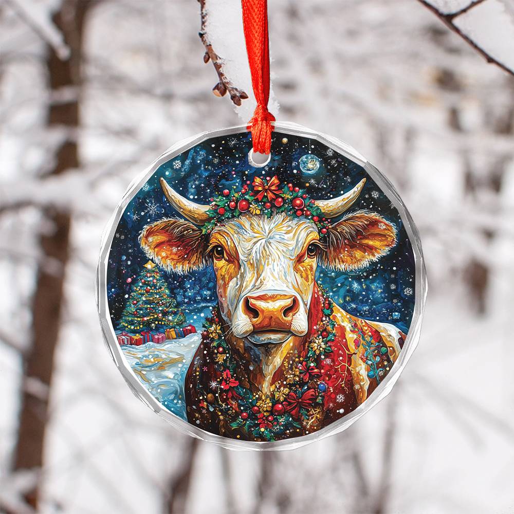 Beautiful Dairy Cow Christmas Night Design 1 Glass Ornament