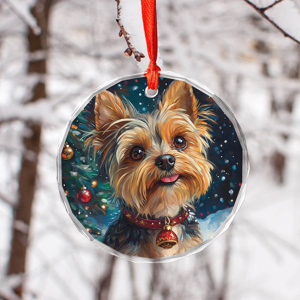 Beautiful Angus Yorkshire Terrier Dog Christmas Night Design 2 Glass Ornament