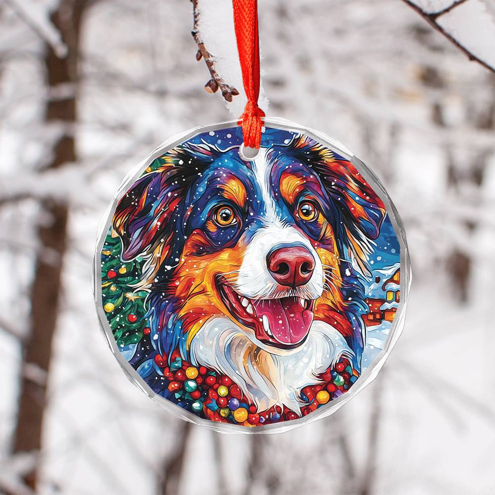 Beautiful Angus Australian Shepherd Dog Christmas Night Design 1 Glass Ornament