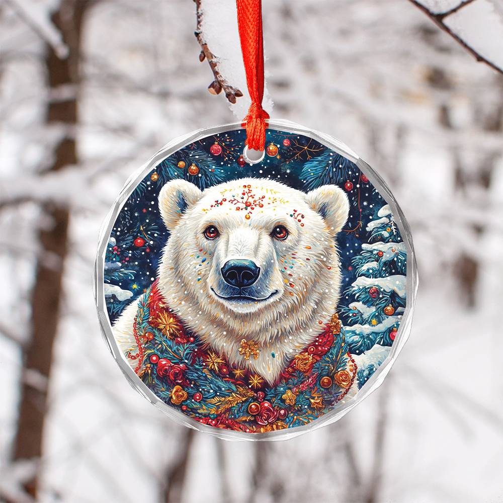 Beautiful Angus Polar Bear Christmas Night Design 2 Glass Ornament