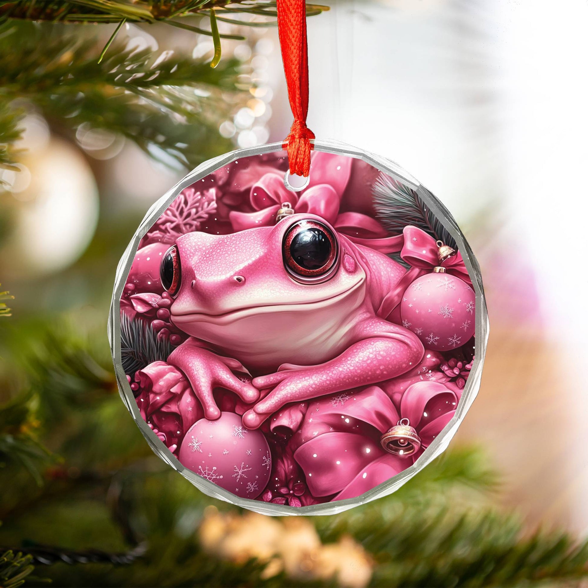 Frog Pink Christmas Design 3 Glass Ornament