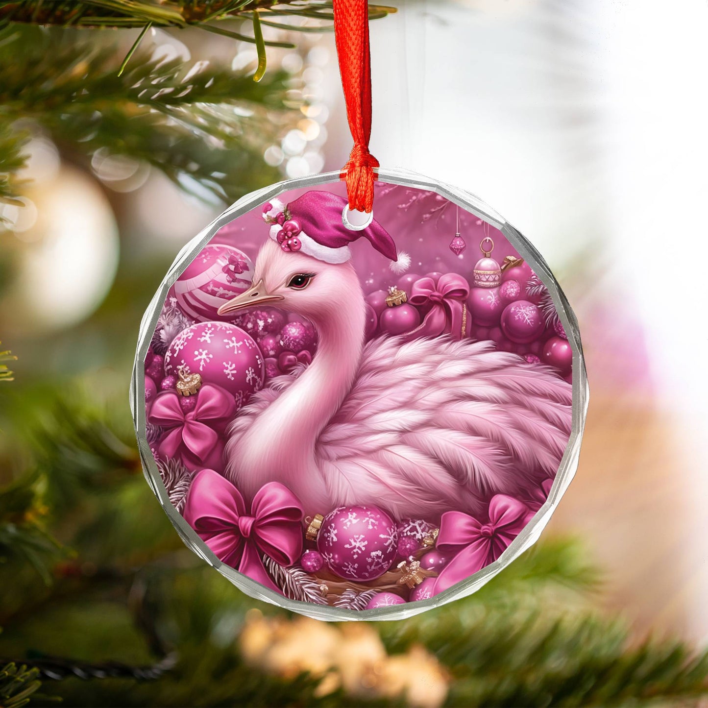 Ostrich Pink Christmas Design 1 Glass Ornament