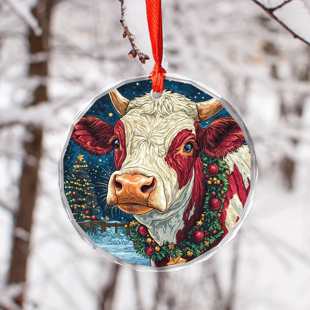 Beautiful Hereford Cow Christmas Night Design 3 Glass Ornament