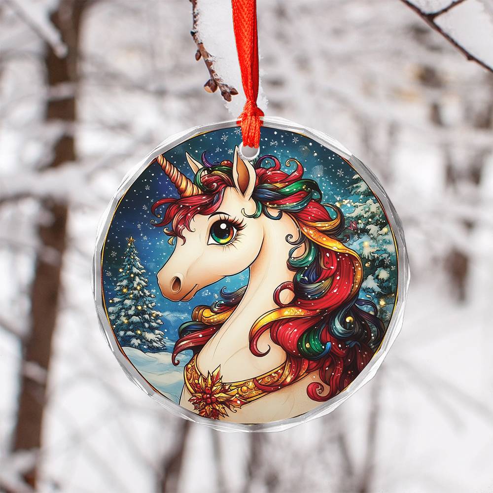 Beautiful Angus Unicorn Christmas Night Design 1 Glass Ornament
