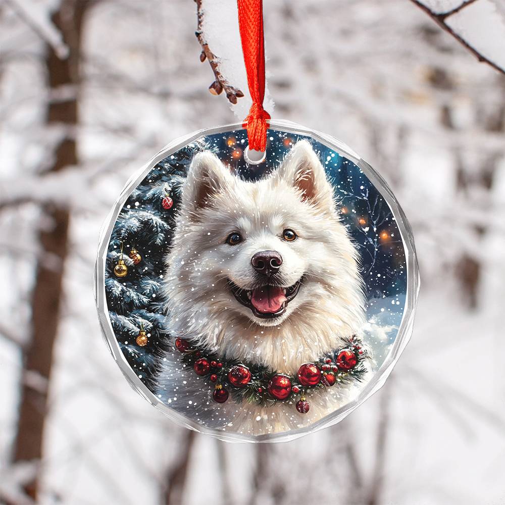 Beautiful Samoyed Dog Christmas Night Design 3 Glass Ornament