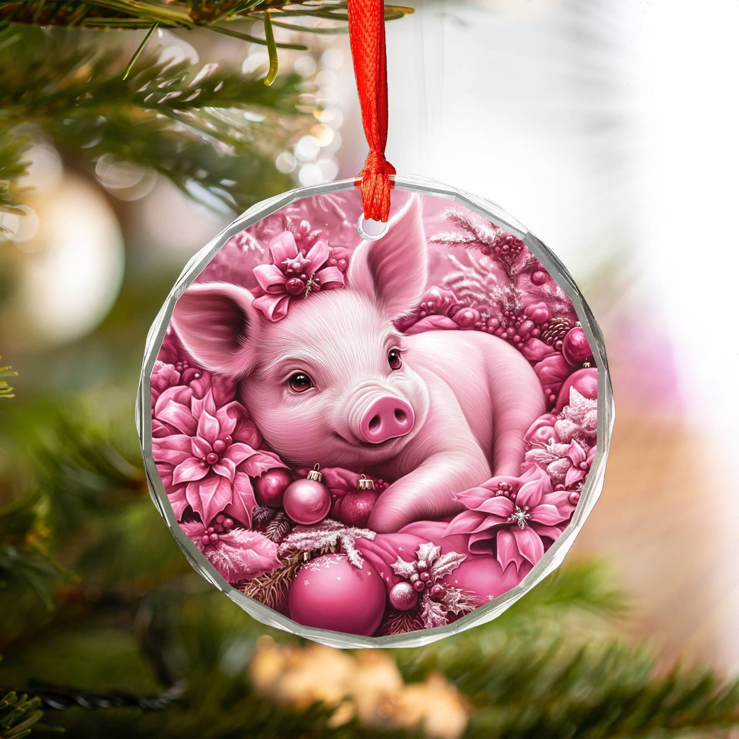 Pig Pink Christmas Design 2 Glass Ornament