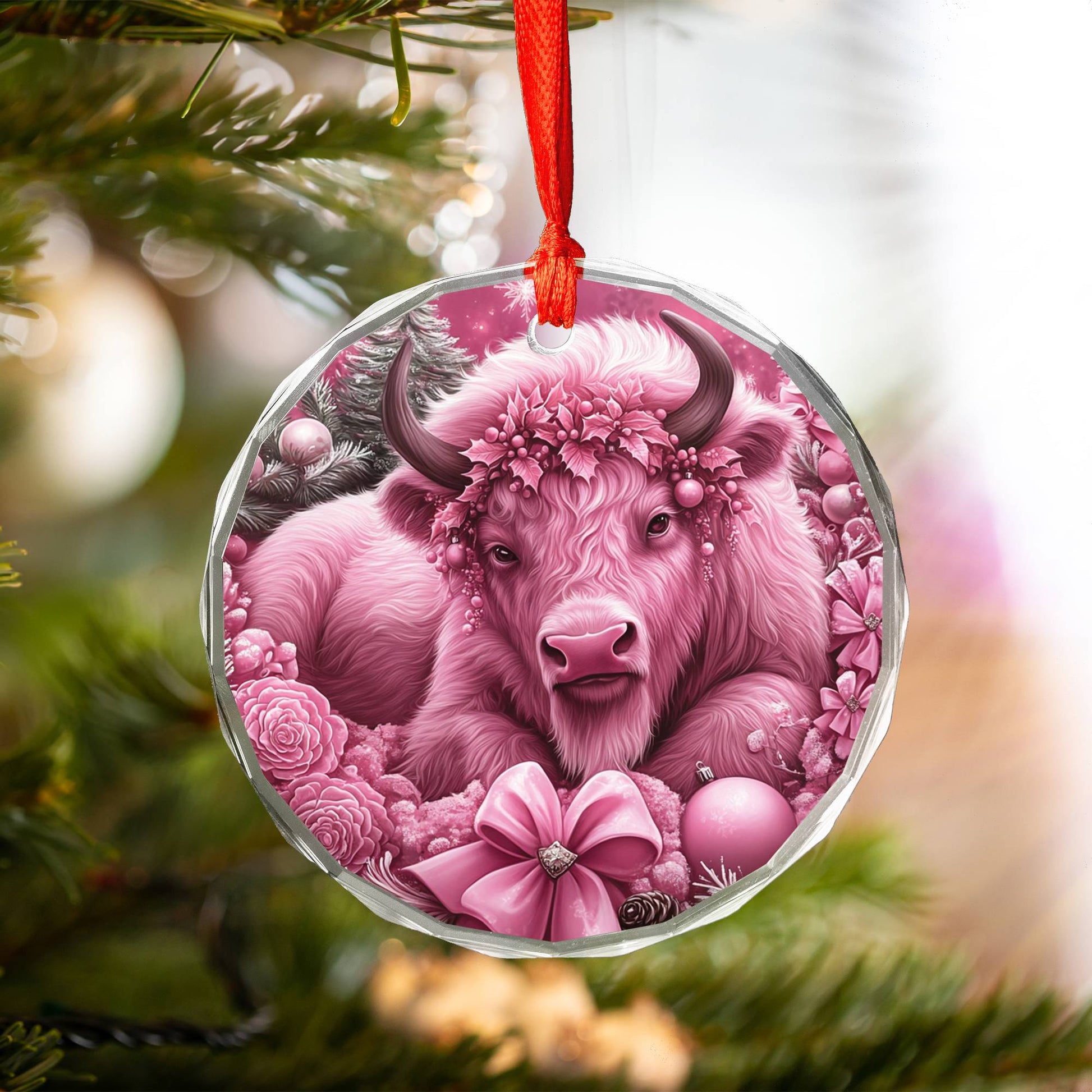 Bison Pink Christmas Design 3 Glass Ornament