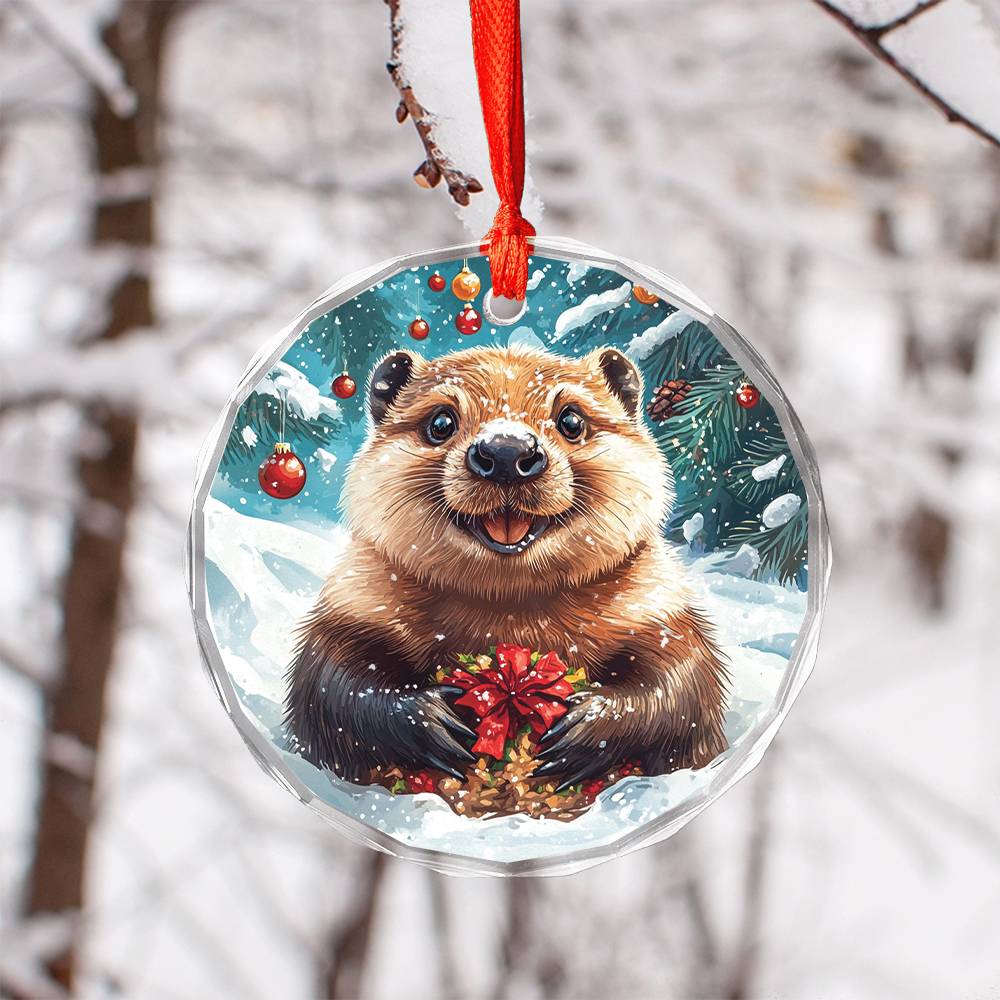 Beautiful Angus Beaver Christmas Night Design 2 Glass Ornament