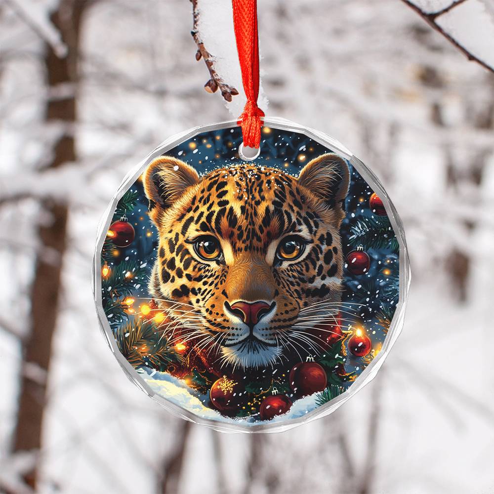 Beautiful Leopard Christmas Night Design 3 Glass Ornament