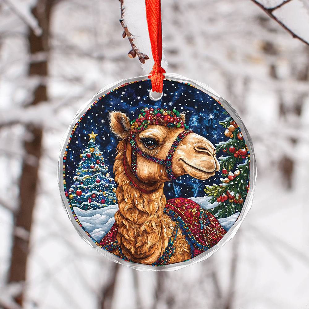 Beautiful Camel Christmas Night Design 2 Glass Ornament