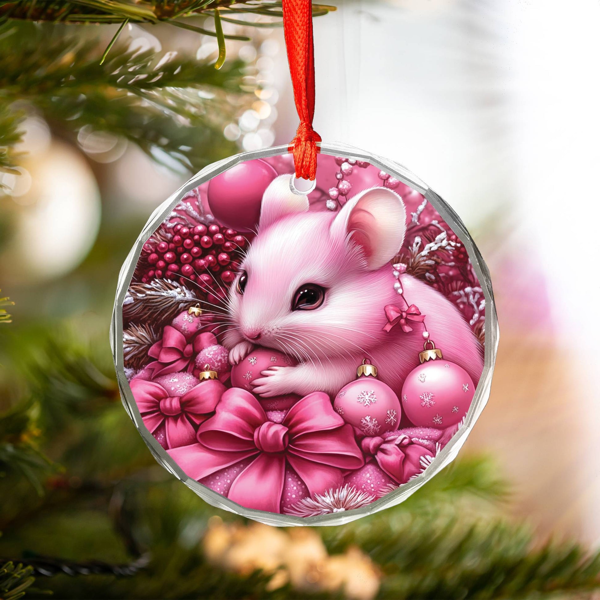 Hamster Pink Christmas Design 4 Glass Ornament