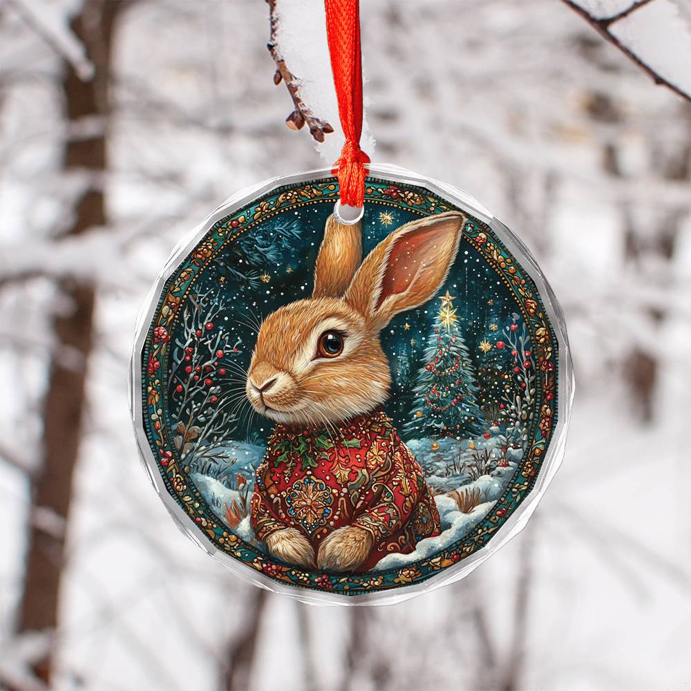 Beautiful Rabbit Christmas Night Design 1 Glass Ornament
