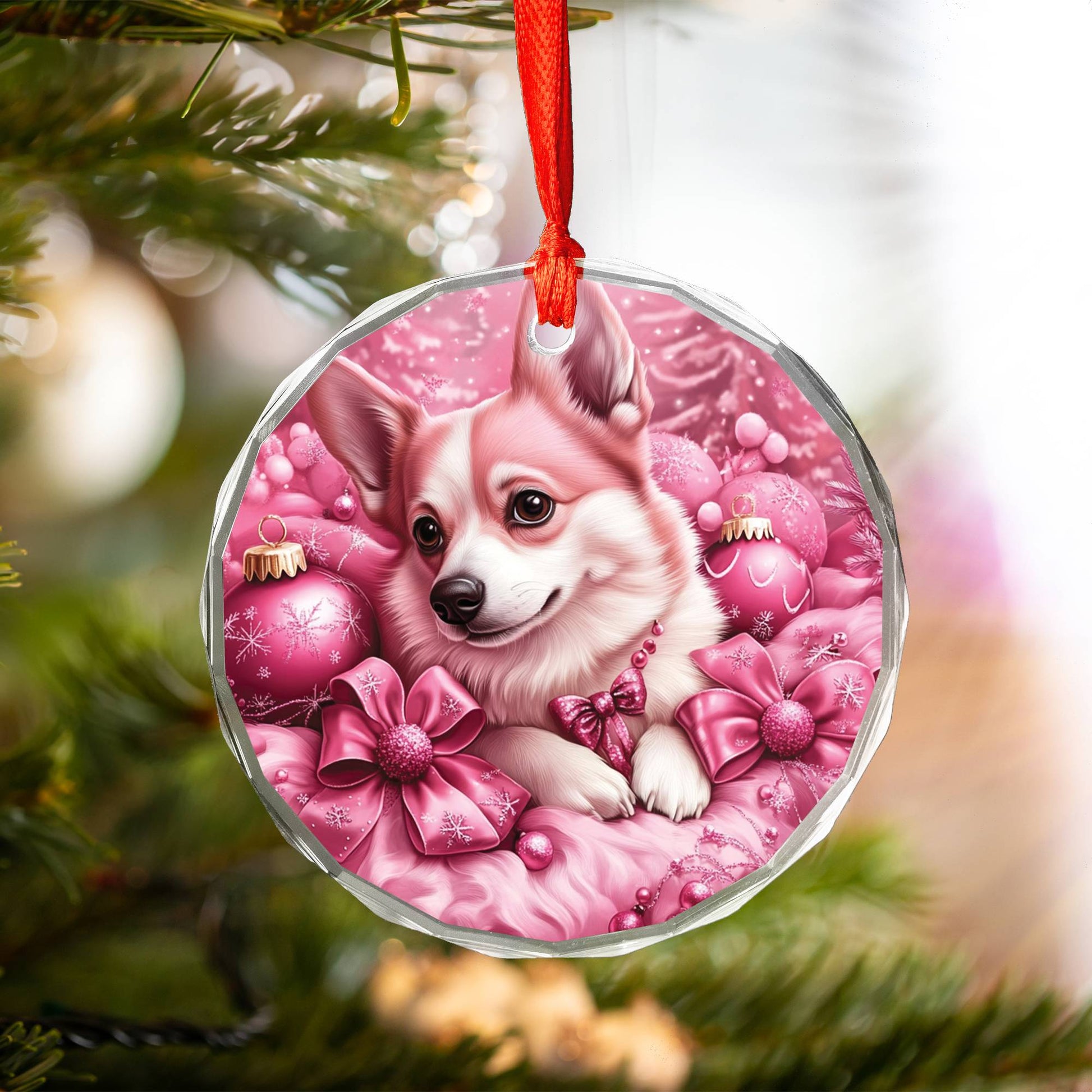 Pembroke Welsh Corgi Dog Pink Christmas Design 2 Glass Ornament