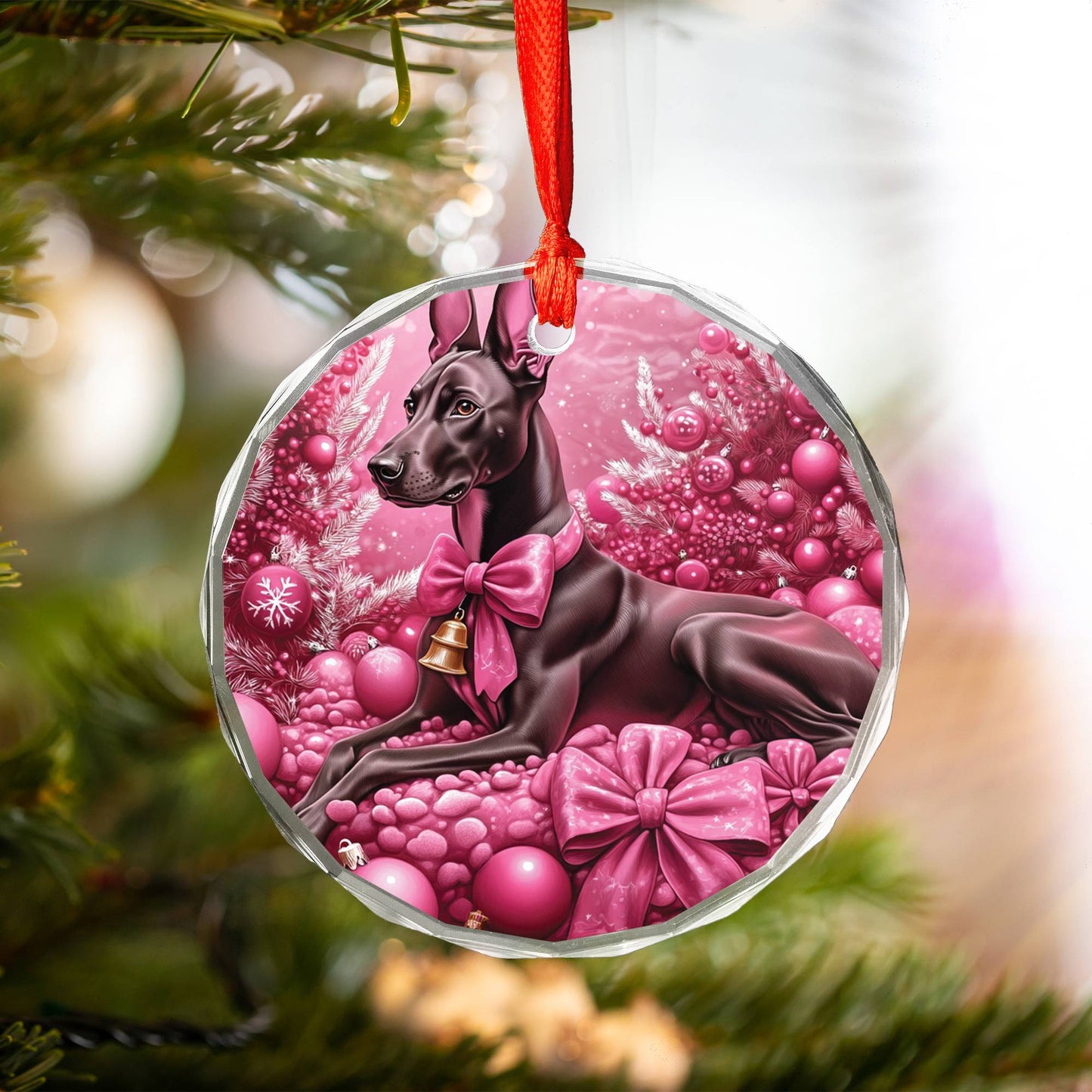 Doberman Pinscher Dog Pink Christmas Design 2 Glass Ornament