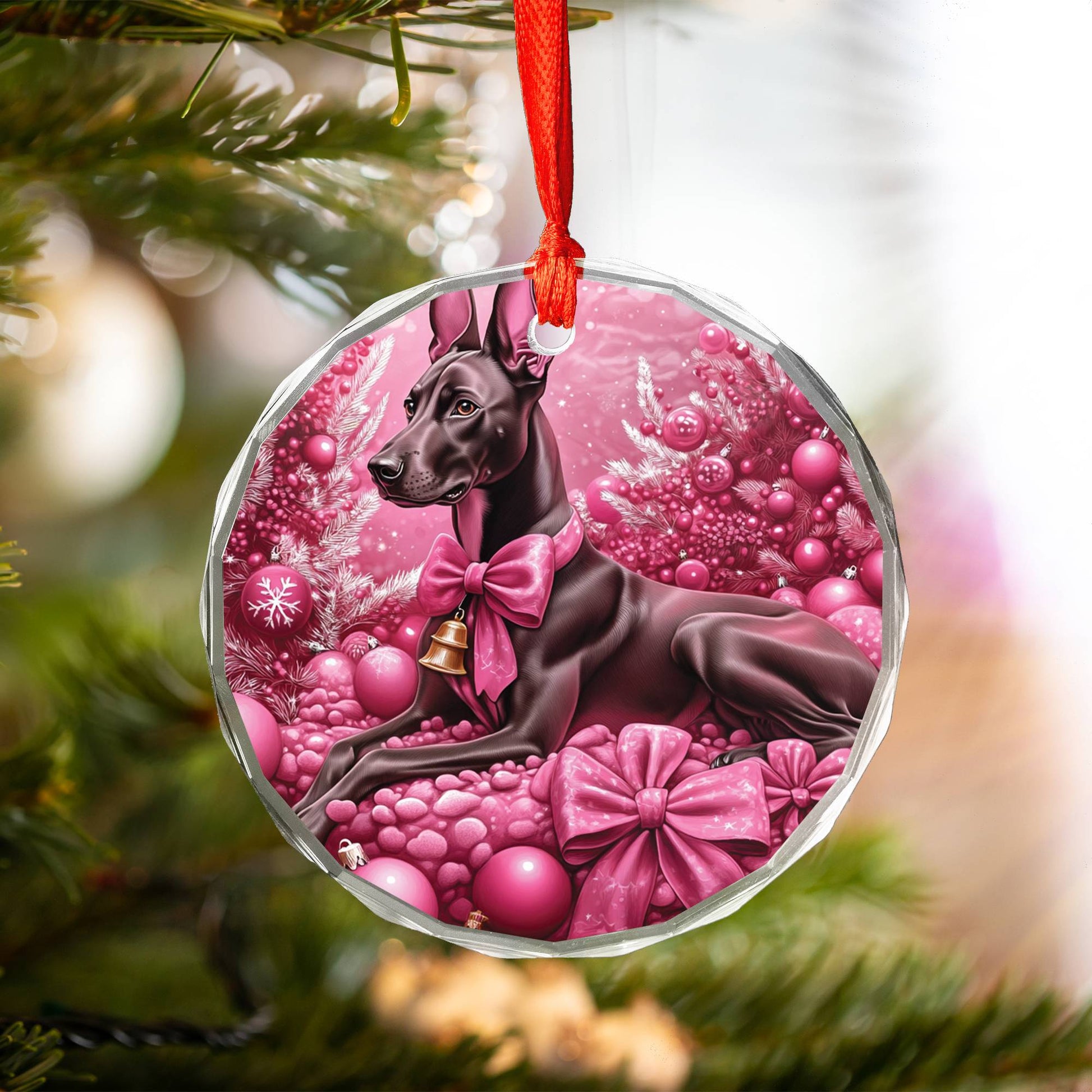Doberman Pinscher Dog Pink Christmas Design 2 Glass Ornament