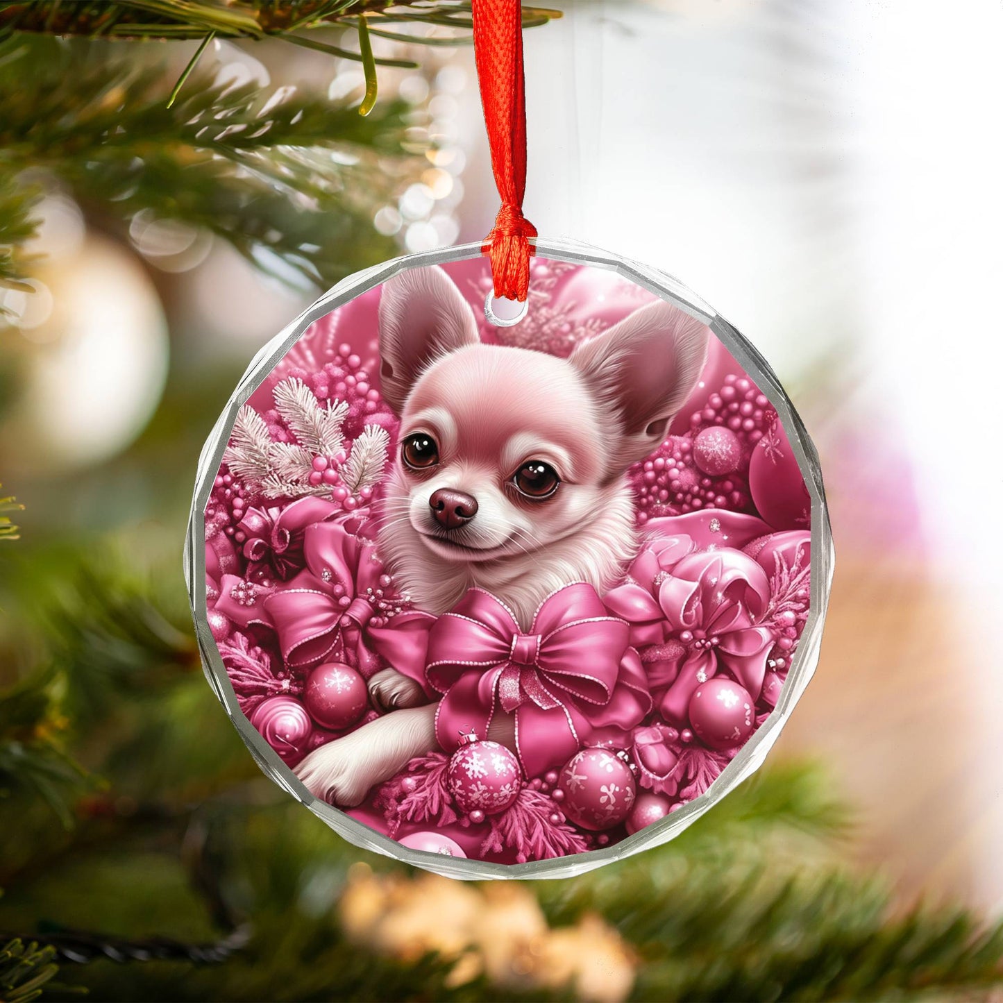 Chihuahua Dog Pink Christmas Design 2 Glass Ornament