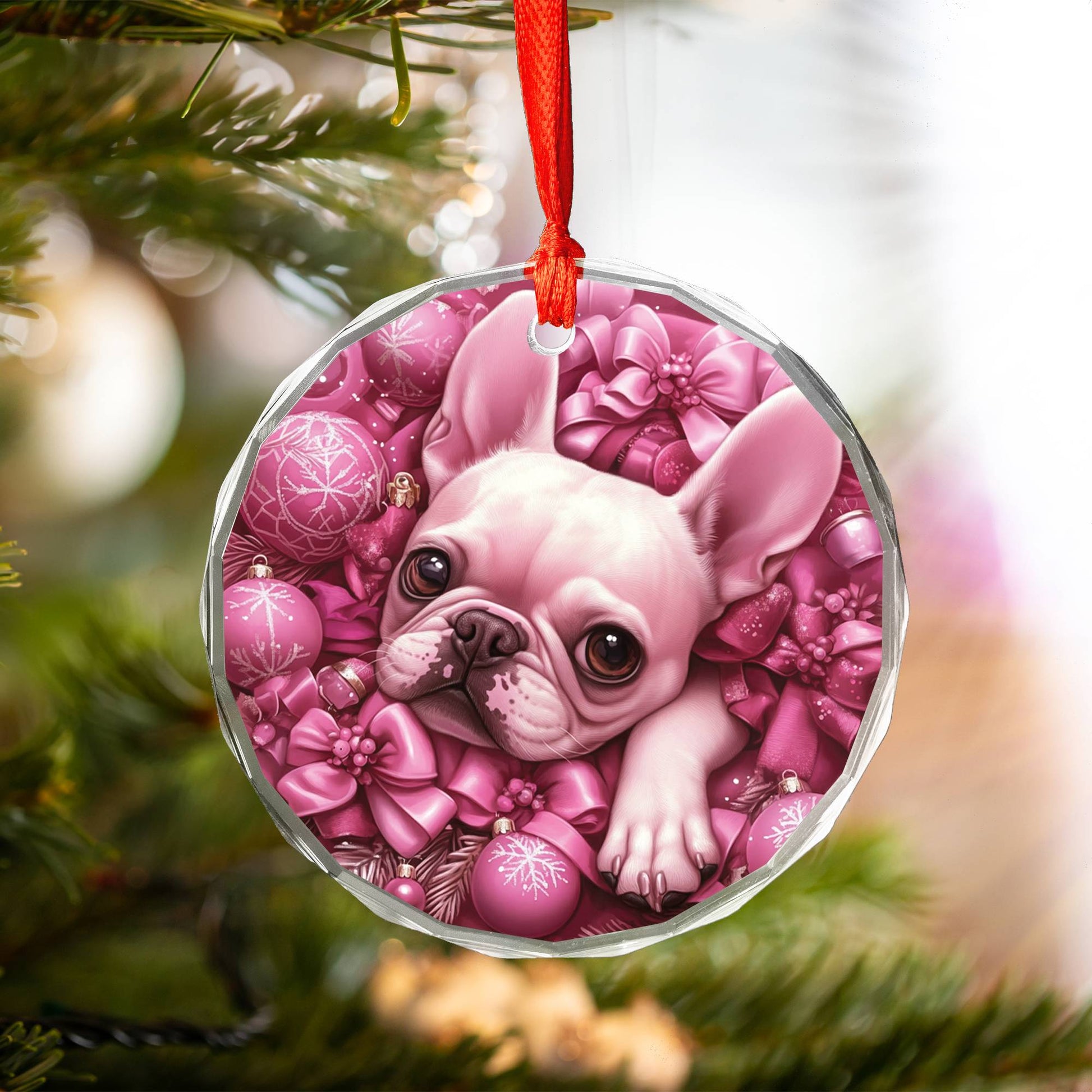 French Bulldog Pink Christmas Design 3 Glass Ornament