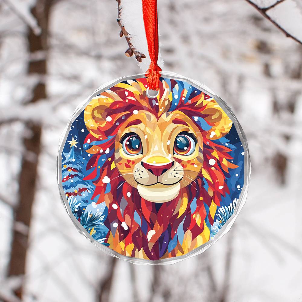 Beautiful Lion Christmas Night Design 2 Glass Ornament