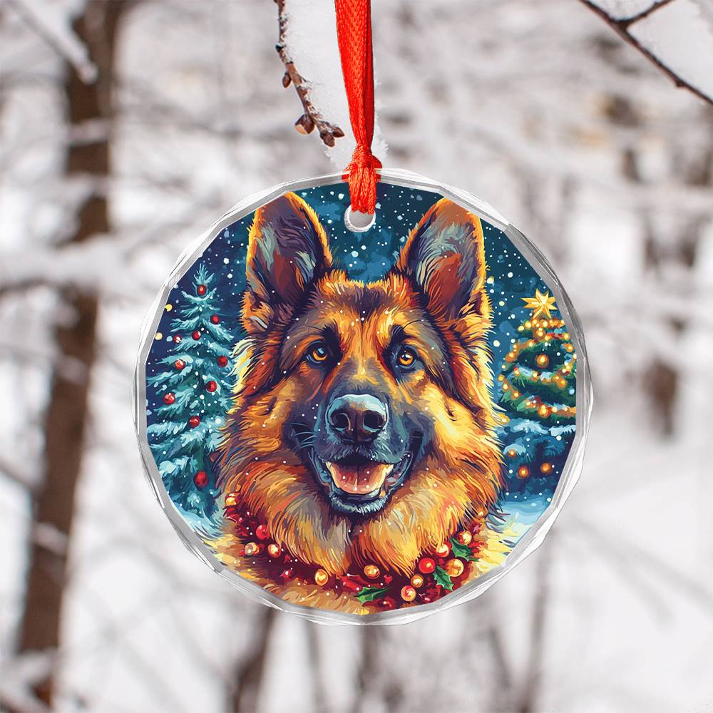 Beautiful German Shepherd Dog Christmas Night Design 3 Glass Ornament