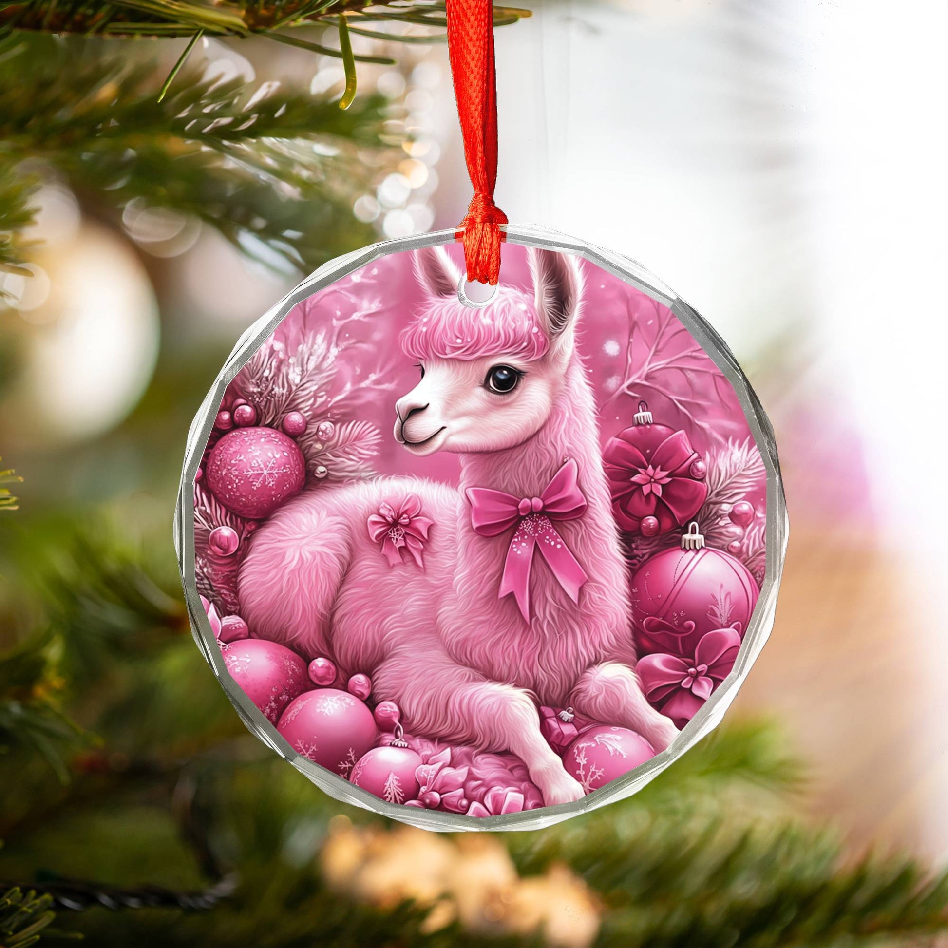 Alpaca Pink Christmas Design 3 Glass Ornament