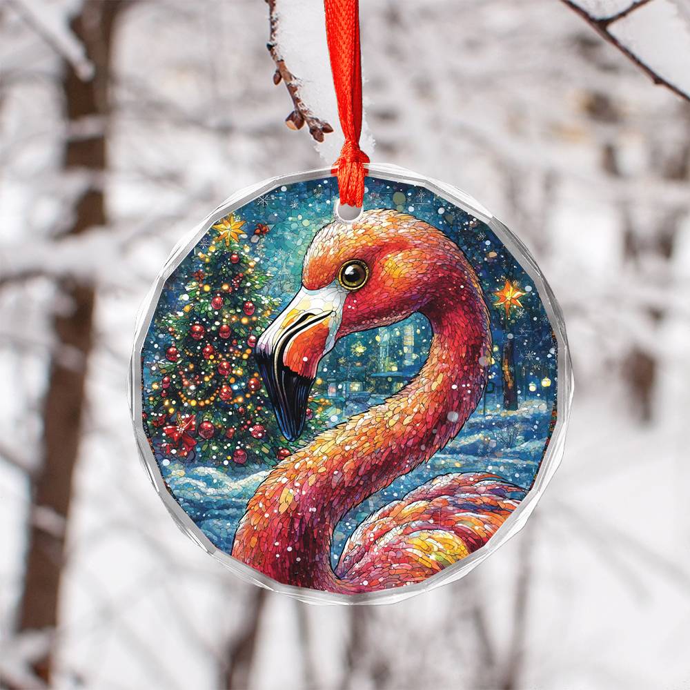 Beautiful Flamingo Christmas Night Design 1 Glass Ornament