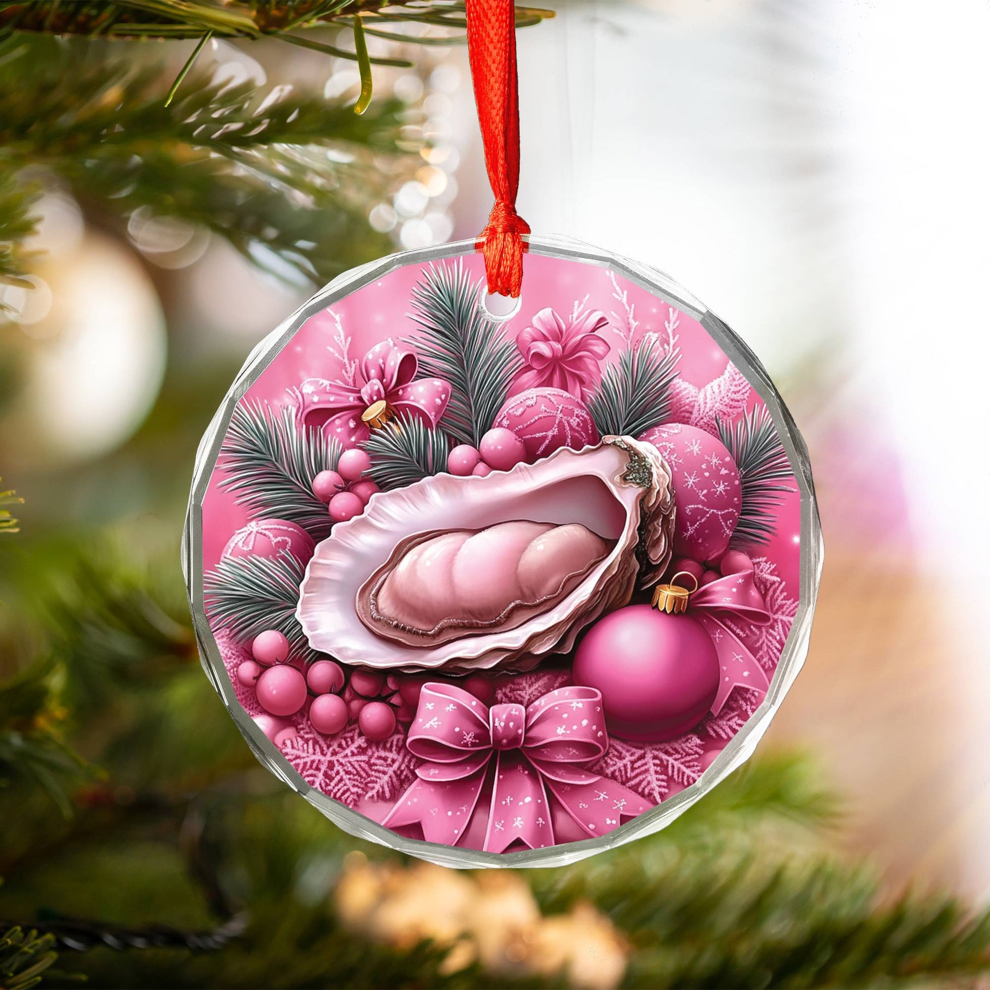 Oysters Pink Christmas Design 1 Glass Ornament
