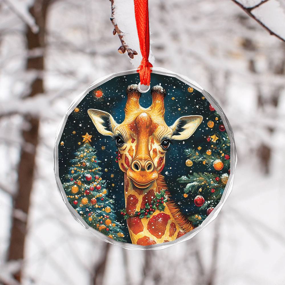 Beautiful Giraffe Christmas Night Design 2 Glass Ornament