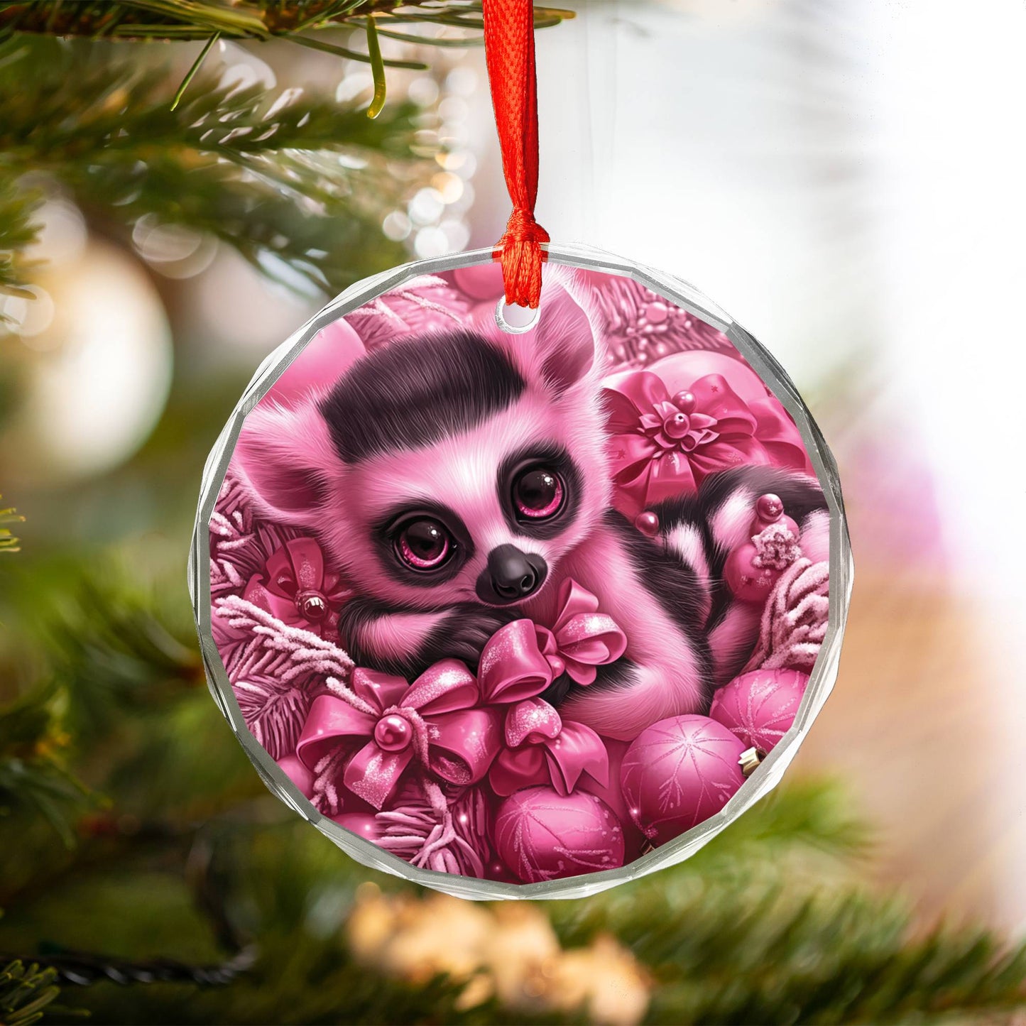 Lemur Pink Christmas Design 1 Glass Ornament