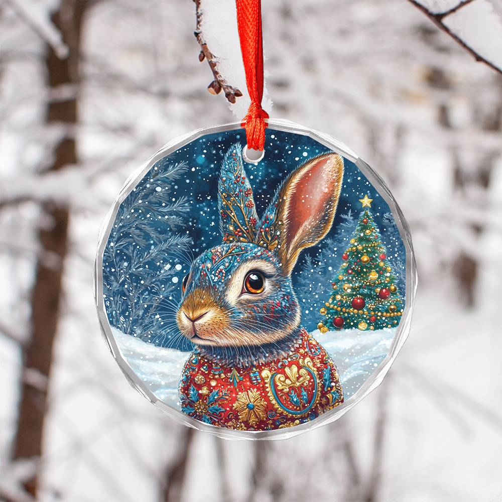 Beautiful Rabbit Christmas Night Design 2 Glass Ornament