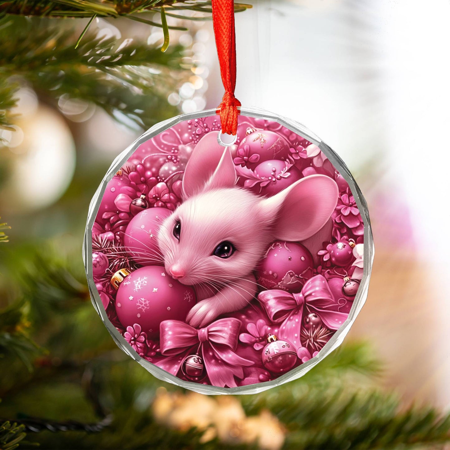 Mice Pink Christmas Design 1 Glass Ornament