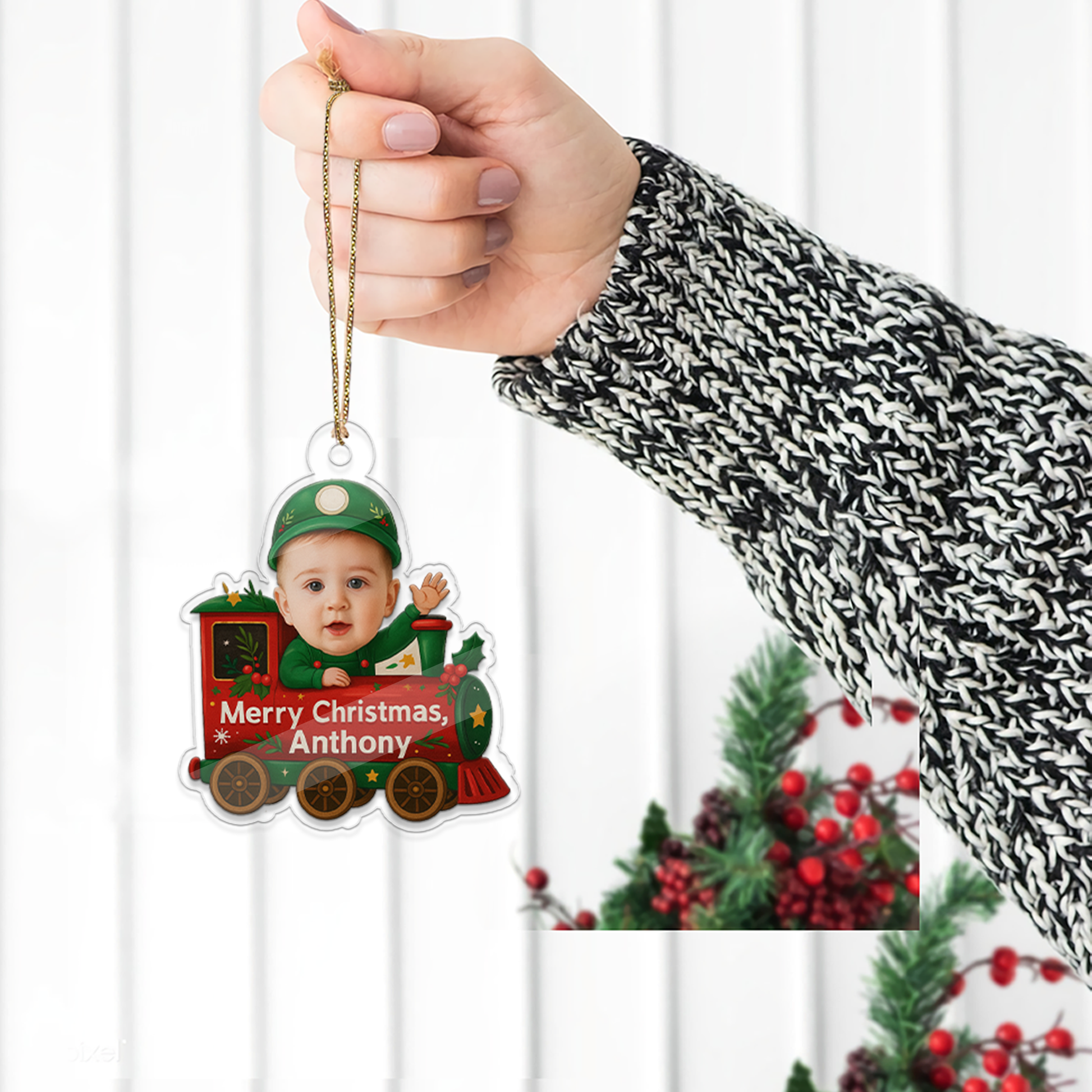 Custom Photo Baby In Train Acrylic Ornament, Funny Christmas Ornament, Custom Face Picture Ornament, Christmas Tree Decor
