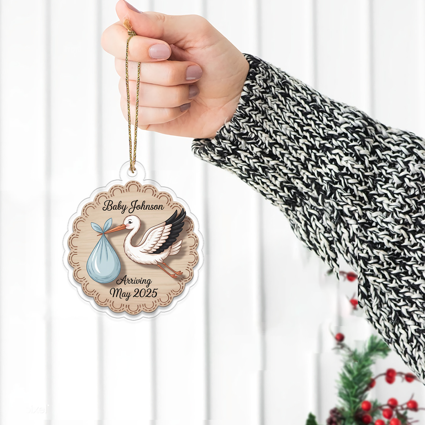 Personalized Stork Baby Announcement Ornament, Christmas Decor, Baby Coming Next Year Ornament, New Baby Arriving 2025