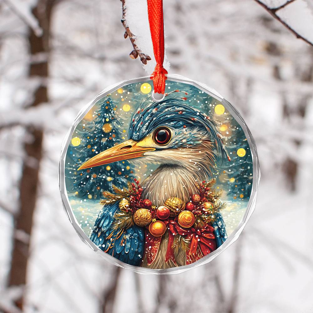 Beautiful Heron Christmas Night Design 4 Glass Ornament