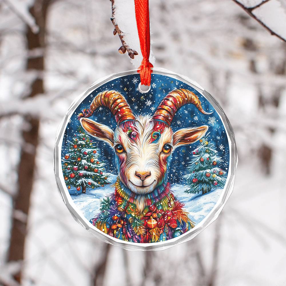 Beautiful Goat Christmas Night Design 3 Glass Ornament