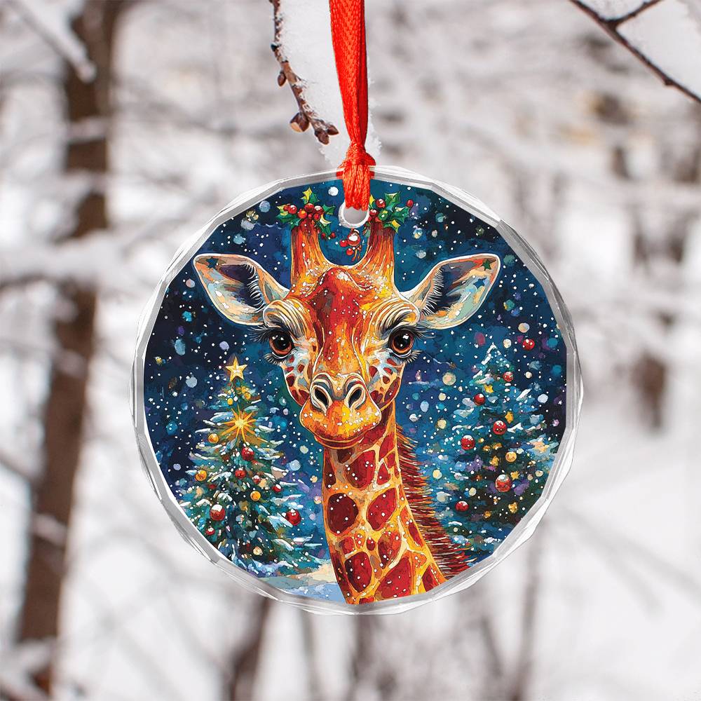 Beautiful Giraffe Christmas Night Design 1 Glass Ornament
