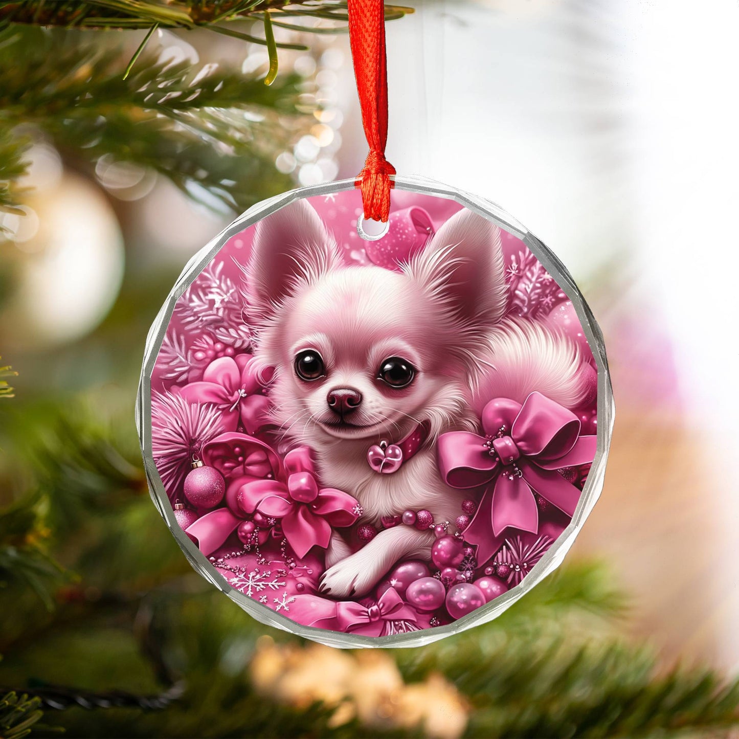 Chihuahua Dog Pink Christmas Design 1 Glass Ornament