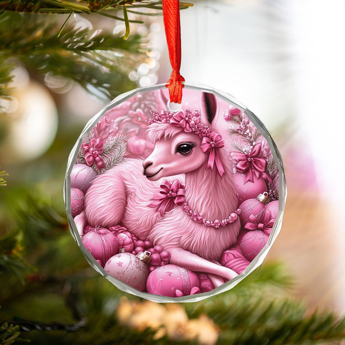 Llama Pink Christmas Design 4 Glass Ornament